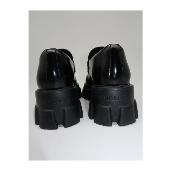 Prada Leather Monolith Triangle Logo Platform Brushed Loafers Black Size 37.5 - Picture 4 of 11